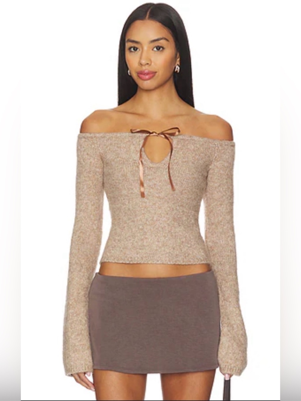 Revolve Majorelle Eve off-shoulder top in camel with a tie-detailed front, Small
